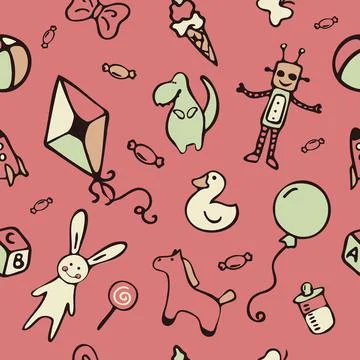 Pattern with different cute and funny toys. Stock Illustration