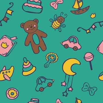 Pattern with different cute and funny toys. Stock Illustration