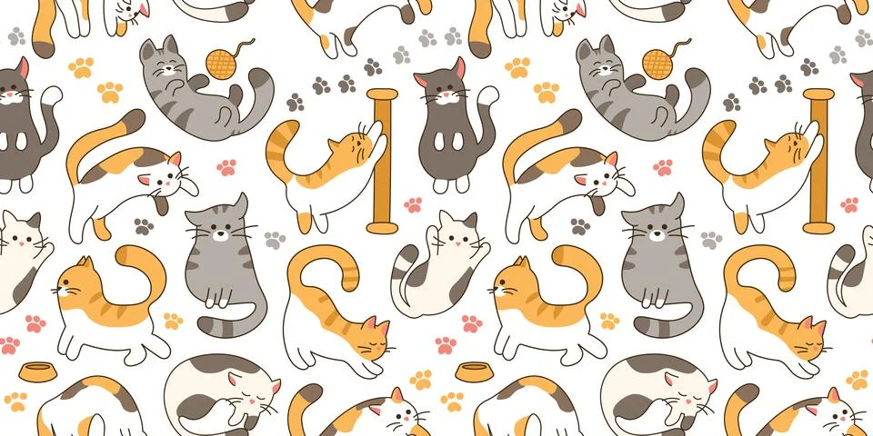 Pattern of different cute Cats. Kittens play, sleep. Feline Pets sit, run and Stock Illustration