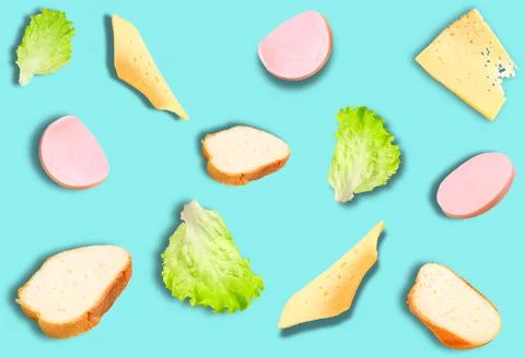 A pattern of different ingredients for making sandwiches on a blue background Stock Photos