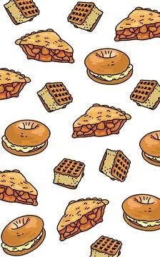 A pattern of different kinds of food  pineapple pie  cream donut  cream Waffles. Stock Illustration