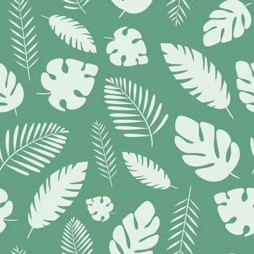 Pattern with different palm leaves on a green background. Stock Illustration