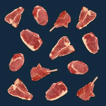 Pattern of different raw beef meat steaks on blue Stock Photos