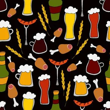 Pattern different types of beer with snacks on black Stock Illustration