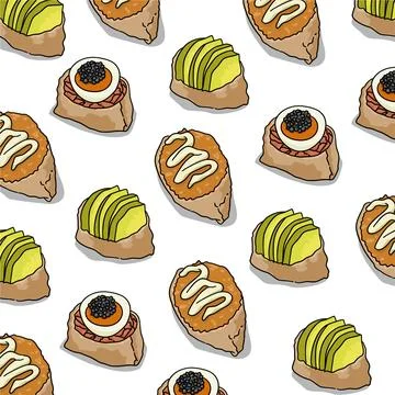 A pattern of different types of Japanese shusi. Healthy food with fruit and egg Stock Illustration