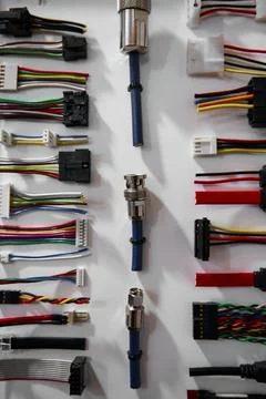 Pattern with different types plugs and connectors on white 스톡 사진