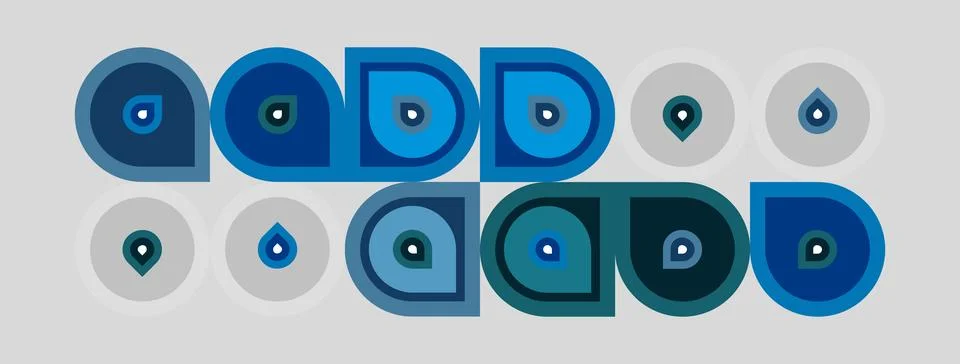 Pattern displays repeating blue eye motifs. Circles, squares, teardrops creat Illustrazione stock