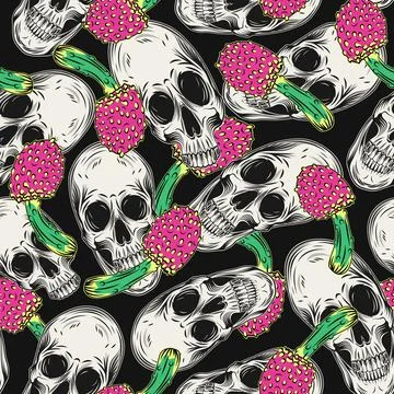 Pattern with distorted human skull, fly agaric Stock Illustration