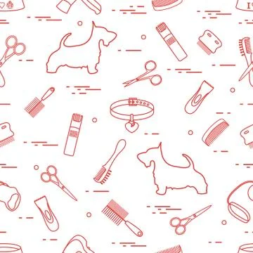 Pattern with dog, combs, collar, leash, razor, hair dryer, bowl, scissors. Illustrazione stock