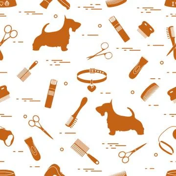 Pattern with dog, combs, collar, leash, razor, hair dryer, bowl, scissors. Stock Illustration