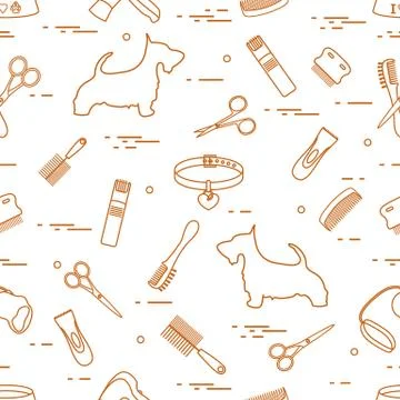 Pattern with dog, combs, collar, leash, razor, hair dryer, bowl, scissors. Stockillustratie