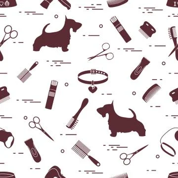 Pattern with dog, combs, collar, leash, razor, hair dryer, bowl, scissors. イラスト素材