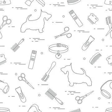 Pattern with dog, combs, collar, leash, razor, hair dryer, bowl, scissors. イラスト素材