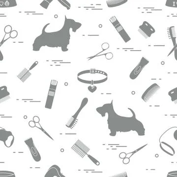 Pattern with dog, combs, collar, leash, razor, hair dryer, bowl, scissors. Stockillustratie