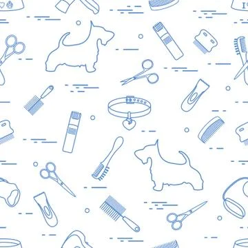 Pattern with dog, combs, collar, leash, razor, hair dryer, bowl, scissors. イラスト素材
