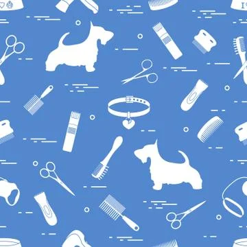 Pattern with dog, combs, collar, leash, razor, hair dryer, bowl, scissors. Stockillustratie