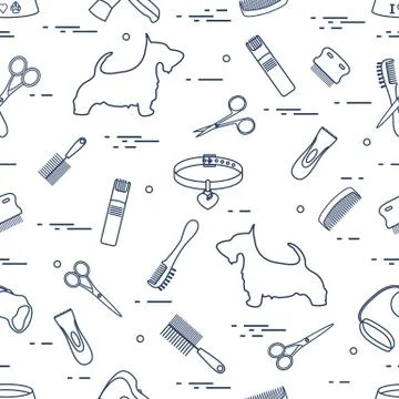 Pattern with dog, combs, collar, leash, razor, hair dryer, bowl, scissors. Stock Illustration