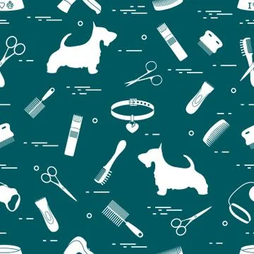 Pattern with dog, combs, collar, leash, razor, hair dryer, bowl, scissors. イラスト素材