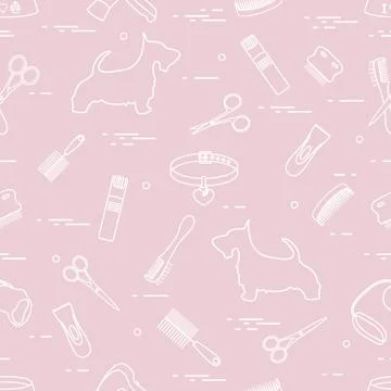 Pattern with dog, combs, collar, leash, razor, hair dryer, bowl, scissors. Illustrazione stock