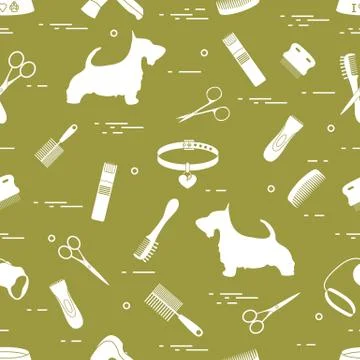 Pattern with dog, combs, collar, leash, razor, hair dryer, bowl, scissors. Illustrazione stock