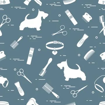 Pattern with dog, combs, collar, leash, razor, hair dryer, bowl, scissors. Stockillustratie