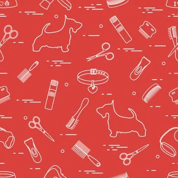 Pattern with dog, combs, collar, leash, razor, hair dryer, bowl, scissors. イラスト素材