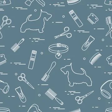 Pattern with dog, combs, collar, leash, razor, hair dryer, bowl, scissors. Illustrazione stock