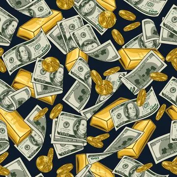 Pattern with dollar bills, coins, gold ingots Illustrazione stock