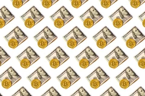 Pattern of dollar paper banknotes with bitcoin coin. Stock-Fotos