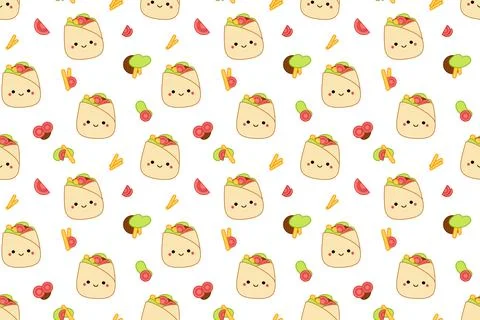 Pattern with doner kebab and ingredients. Squishmallow. Doner kebab. Kawaii Stock Illustration