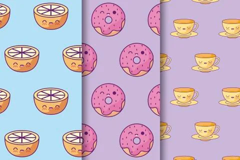 Pattern of donuts with oranges and cups kawaii Stock Illustration