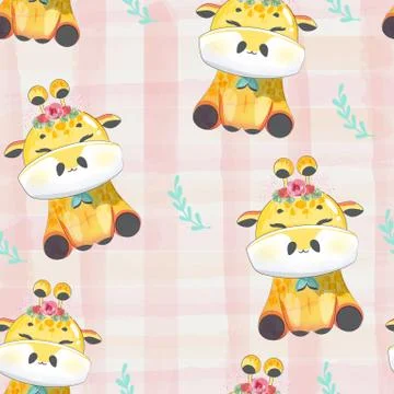 Pattern Doodle baby giraffe in watercolor. Stock Illustration