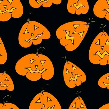 Pattern doodle cartoon pumpkin lanterns on black イラスト素材