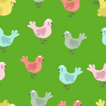Pattern doodle colored spring birds on green Stock Illustration