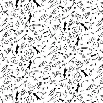 Pattern of doodle elements, arrows, lines. Stock Illustration