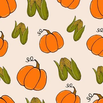 Pattern doodle vegetables pumpkins and corn on light イラスト素材