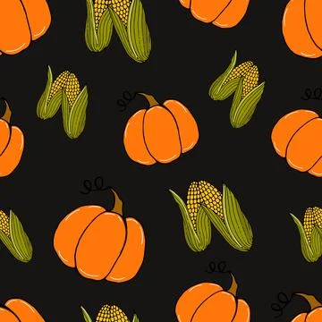 Pattern doodle vegetables pumpkins and corn on black Stock Illustration