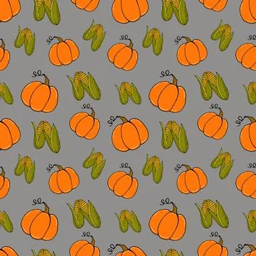 Pattern doodle vegetables pumpkins and corn on gray Stock Illustration