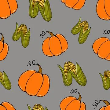 Pattern doodle vegetables pumpkins and corn on gray Stock Illustration