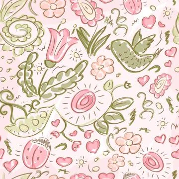 Pattern doodles bird and flowers Stock Illustration