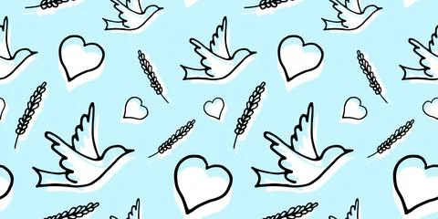 Pattern with Dove, Heart and Wheat on a blue background for covers, fabrics,  Stock Illustration