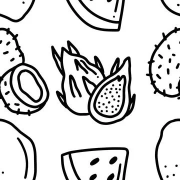 Pattern of dragon fruit around various fruits doodle Stock Illustration