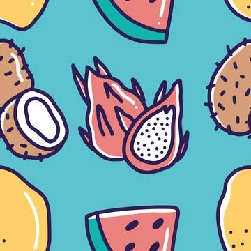Pattern of dragon fruit around various fruits doodle Stock Illustration