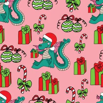 Pattern dragon with gifts, caramel and Christmas balls Stock Illustration