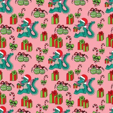 Pattern dragon with gifts, caramel and Christmas balls Stock Illustration