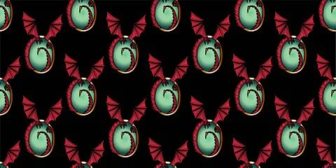 Pattern with dragons on a black background. Red dragon wings Magic mystical p Stock Illustration