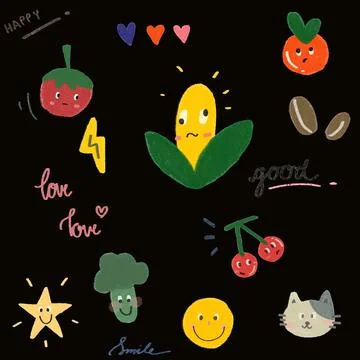 Pattern draw fruits and vegetables with black background Stock Illustration