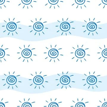 Pattern drawing sun on white and blue striped background. Painting sun on white Stock Illustration