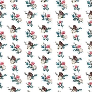 Pattern of dried flowers, cotton, cones Stock Illustration