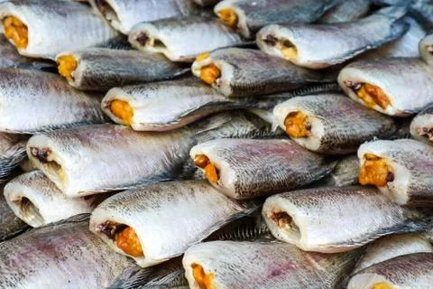 Pattern of dried salted damselfish on threshing bamboo basket, its favorite f Fotos de archivo
